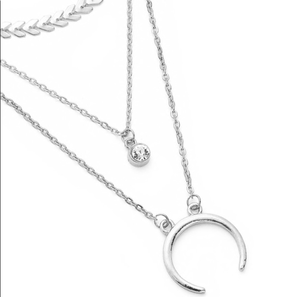 Silver Moon Pendent Layered Chain Necklace - Picture 5 of 5